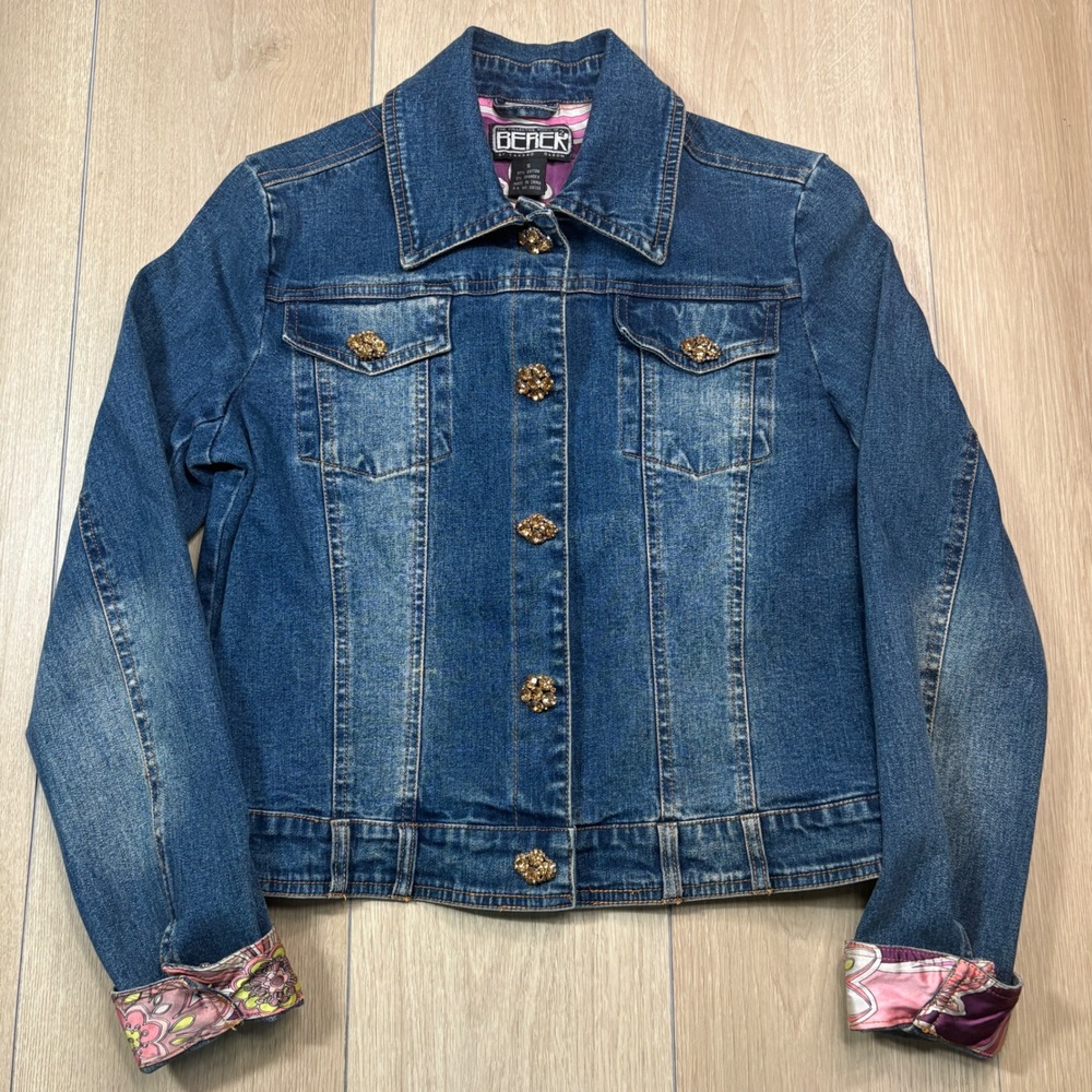 Berek by Takako Sakon Denim Jacket Medium Wash Rhinestone Button Floral Cuff S